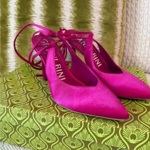 Gianni Bini Hot Pink Satin Pointed Toe Tie-Heel Pumps